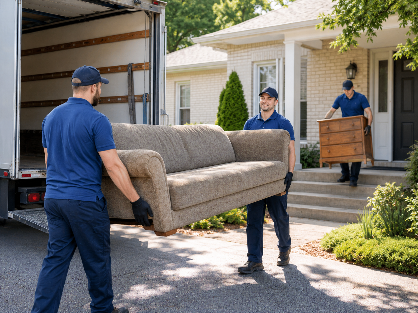 Furniture removal team carrying a couch during a local pickup in a residential neighborhood.