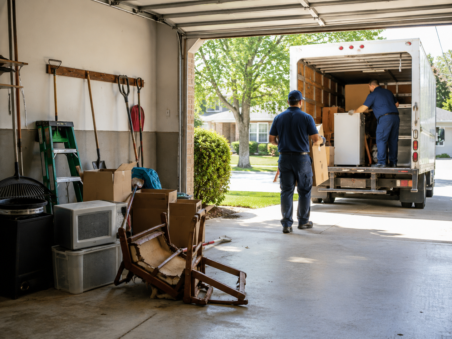 Garage cleanout scene with workers loading boxes and items into a truck.