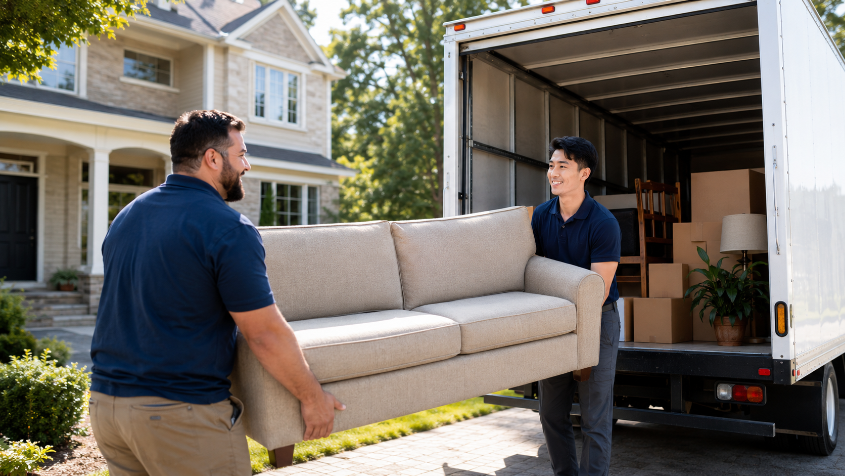 Generic junk removal truck and crew loading household items outside a home.